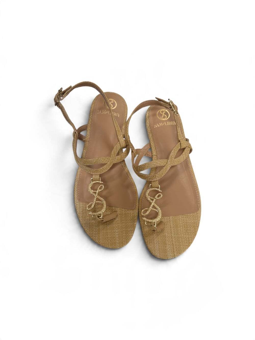 Sam & Libby Tan Flat Thong Sandals Size 8.5 Gold Logo